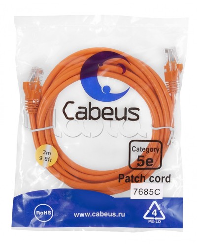 Патч-корд медный U/UTP кат.5е (3м) LSZH (оранжевый) Cabeus (PC-UTP-RJ45-Cat.5e-3m-OR-LSZH) в Березниках Патчкорды (медные) Pintop.ru