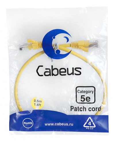 Патч-корд UTP, категория 5e, 0.5 м, неэкранированный, желтый Cabeus PC-UTP-RJ45-Cat.5e-0.5m-YL в Березниках Патчкорды (медные) Pintop.ru