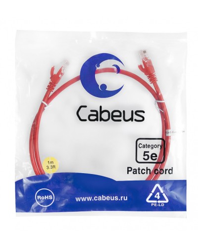 Патч-корд медный U/UTP кат.5е (1м) LSZH (красный) Cabeus (PC-UTP-RJ45-Cat.5e-1m-RD-LSZH) в Березниках Патч-корды и пигтейлы Pintop.ru