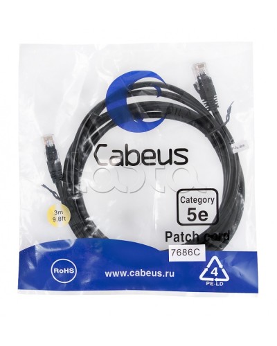 Патч-корд медный U/UTP кат.5е (3м) LSZH (черный) Cabeus (PC-UTP-RJ45-Cat.5e-3m-BK-LSZH) в Березниках Патчкорды (медные) Pintop.ru