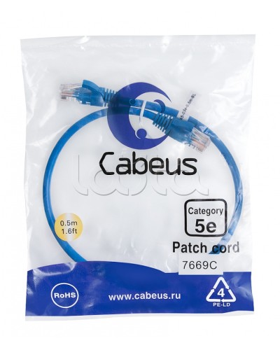 Патч-корд UTP, категория 5e, 0.5 м, неэкранированный, синий Cabeus PC-UTP-RJ45-Cat.5e-0.5m-BL в Березниках Патчкорды (медные) Pintop.ru