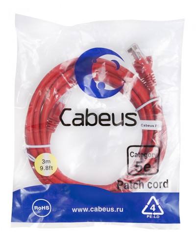 Патч-корд медный U/UTP кат.5е (3м) LSZH (красный) Cabeus (PC-UTP-RJ45-Cat.5e-3m-RD-LSZH) в Березниках Патч-корды и пигтейлы Pintop.ru