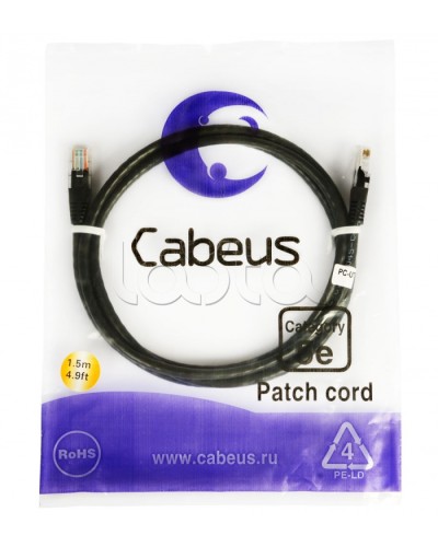 Патч-корд 2xRJ-45/8P8C U/UTP кат.5е (2 м) Cabeus PC-UTP-RJ45-CAT.5E-2M-BK в Березниках Патчкорды (медные) Pintop.ru