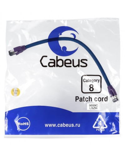 Патч-корд S/FTP Cabeus PC-SSTP-RJ45-Cat.8-0.3m-LSZH в Березниках Патчкорды (медные) Pintop.ru