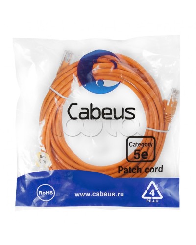 Патч-корд медный U/UTP кат.5е (5м) LSZH (оранжевый) Cabeus (PC-UTP-RJ45-Cat.5e-5m-OR-LSZH) в Березниках Патчкорды (медные) Pintop.ru