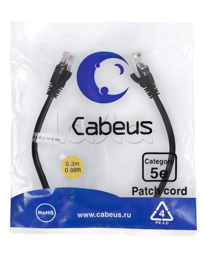 Патч-корд медный U/UTP кат.5е (0,3м) LSZH (черный) Cabeus (PC-UTP-RJ45-Cat.5e-0.3m-BK-LSZH) в Березниках Патчкорды (медные) Pintop.ru